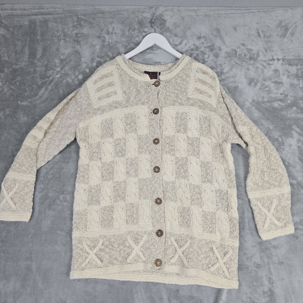 Tivoli Hand Knit Cardigan Sweater Womens M/L 3D Thick Cable Knit Cream Cottage
